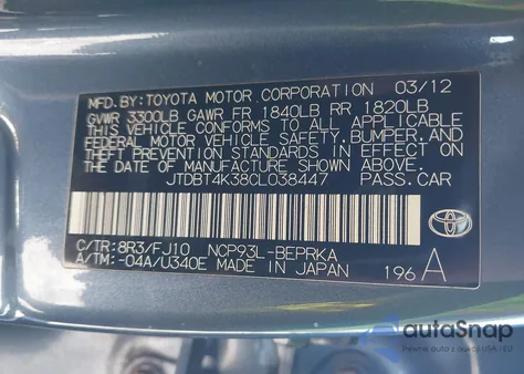 2012 Toyota Yaris z USA, uszkodzony, nr VIN JTDBT4K38CL038447